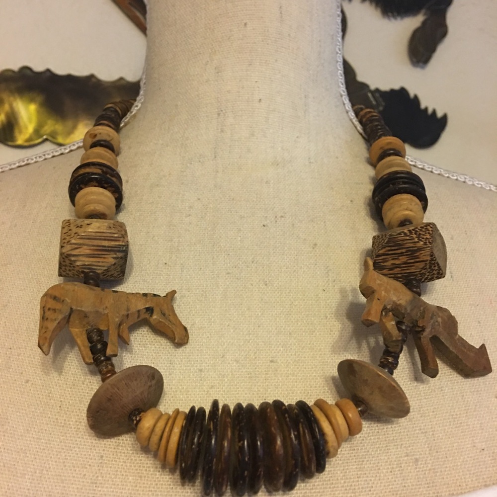 Vintage handmade carved wood bead necklace